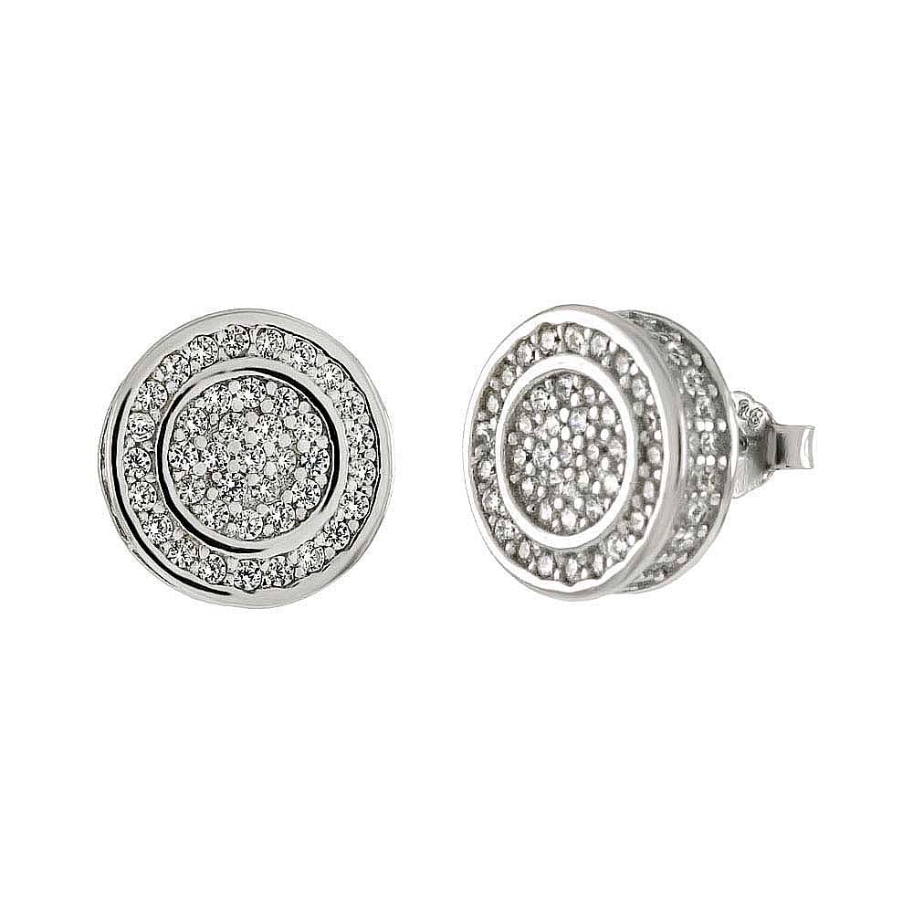 Sterling Silver Rhodium Plated Round Shaped Micro Pave CZ Stud Earrings