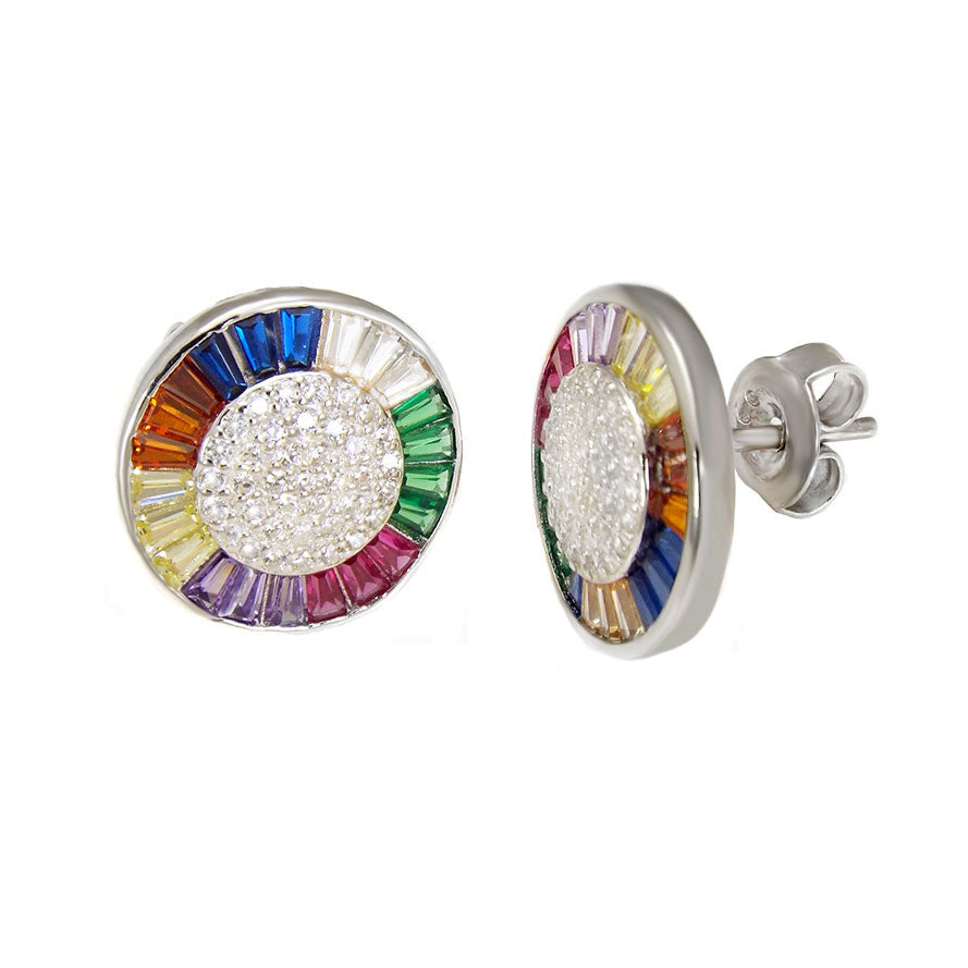 Sterling Silver Multi Color Baguette and Pave CZ Circle Rhodium Earrings