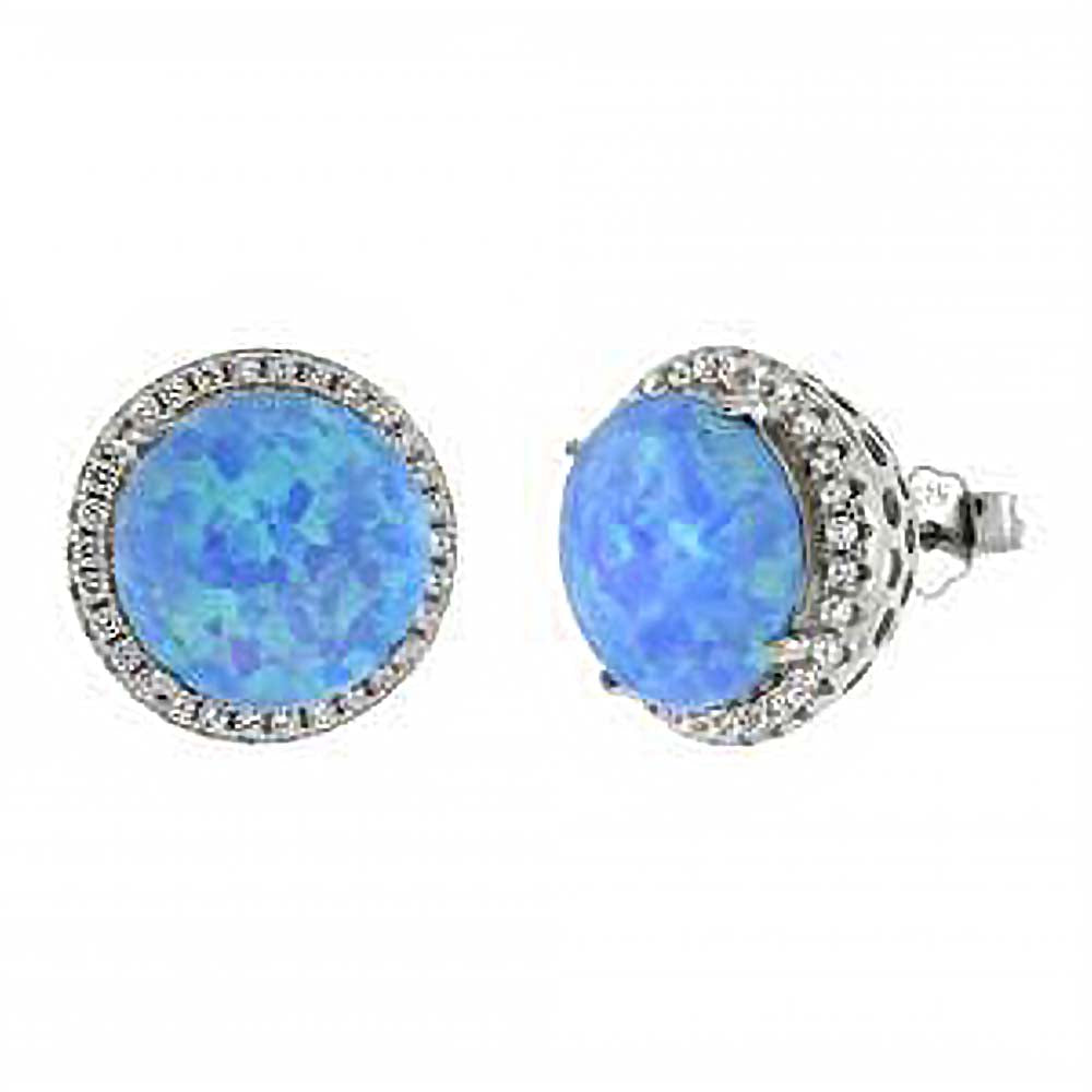 Sterling Silver Lab Created Blue Opal Halo Round Stud Earrings With Clear CZ