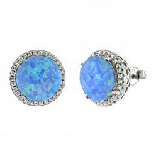 Load image into Gallery viewer, Sterling Silver Lab Created Blue Opal Halo Round Stud Earrings With Clear CZ