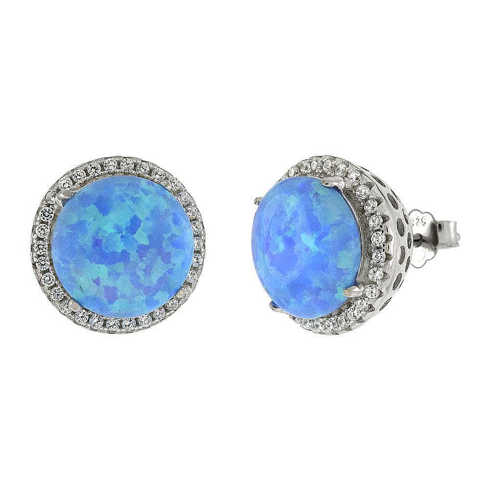 Sterling Silver Lab Created Blue Opal Halo Round Stud Earrings With Clear CZ