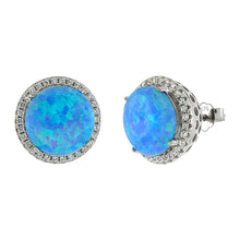 Load image into Gallery viewer, Sterling Silver Lab Created Blue Opal Halo Round Stud Earrings With Clear CZ