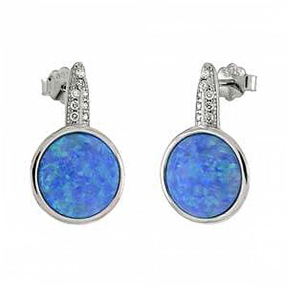 Sterling Silver Simulated Blue Opal Bezel Setting With Clear CZ Earrings