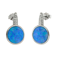 Load image into Gallery viewer, Sterling Silver Simulated Blue Opal Bezel Setting With Clear CZ Earrings