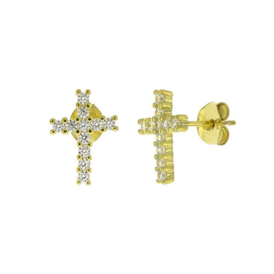 Sterling Silver Cubic Zirconia Gold Plated Cross Stud Earrings - silverdepot