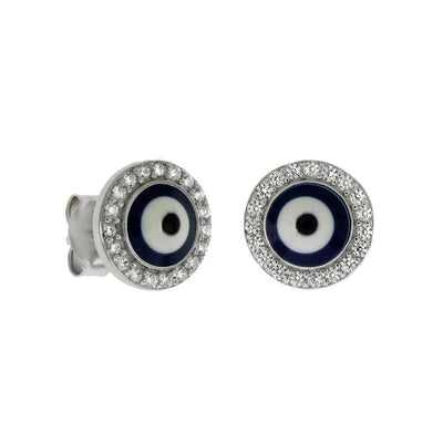 Sterling Silver Dark Blue Evil Eye With Cubic Zirconia Rhodium Stud Earrings - silverdepot