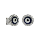 Sterling Silver Dark Blue Evil Eye With Cubic Zirconia Rhodium Stud Earrings