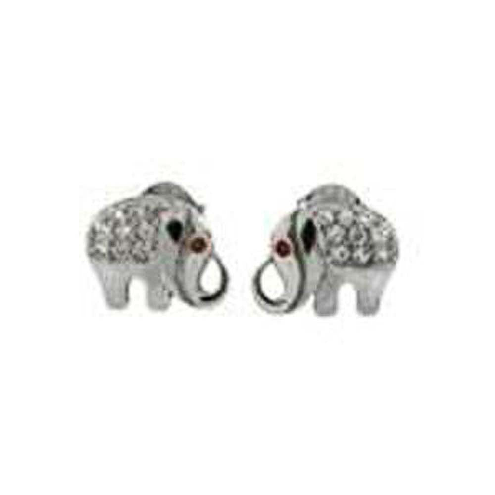 Sterling Silver Pave CZ Elephant Rhodium Stud Earrings