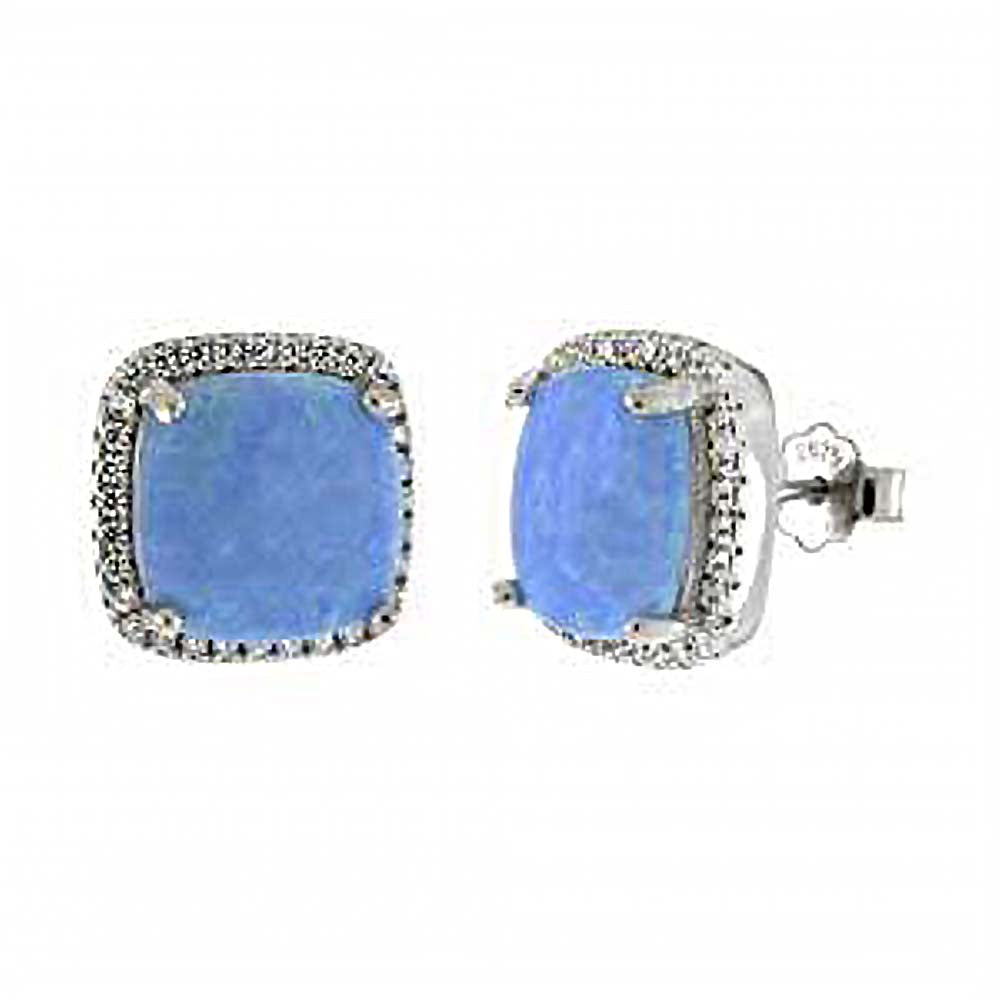 Sterling Silver Lab Created Blue Opal Halo Round Stud Earrings With Clear CZ