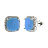 Sterling Silver Lab Created Blue Opal Halo Round Stud Earrings With Clear CZ