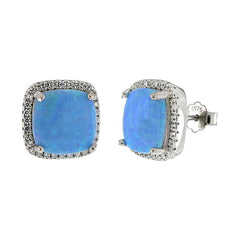 Sterling Silver Lab Created Blue Opal Halo Round Stud Earrings With Clear CZ