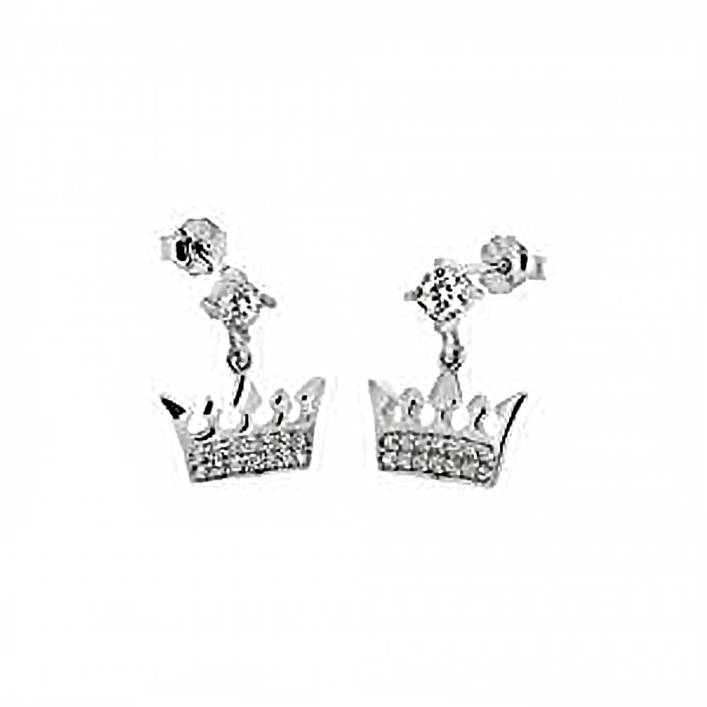 Sterling Silver Dangle Crown Shaped Earrings With Clear CZ