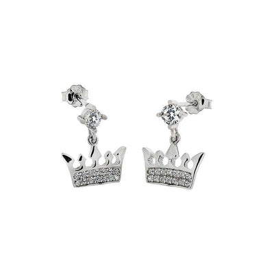 Sterling Silver Dangle Crown Shaped Earrings With Clear CZ