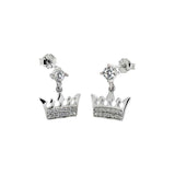 Sterling Silver Dangle Crown Shaped Earrings With Clear CZ