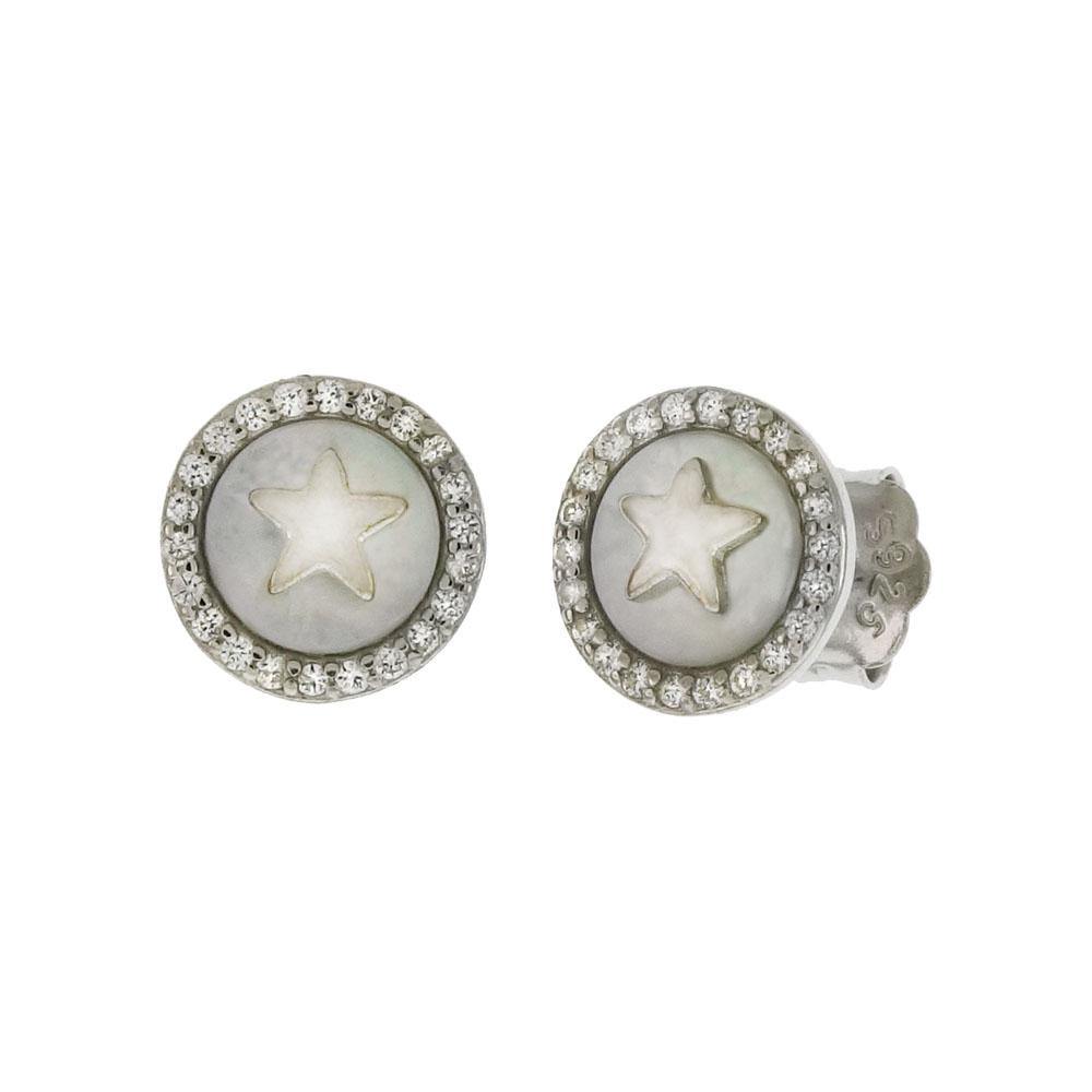 Sterling Silver Rhodium Star On Pearl Shell With CZ Stud Earrings - silverdepot
