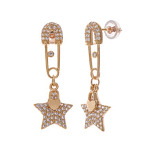 Load image into Gallery viewer, Sterling Silver Micro Pave CZ Safety Pin With Dangle Star and Heart Lock Earrings