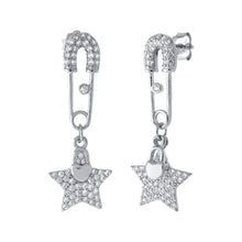 Load image into Gallery viewer, Sterling Silver Micro Pave CZ Safety Pin With Dangle Star and Heart Lock Earrings