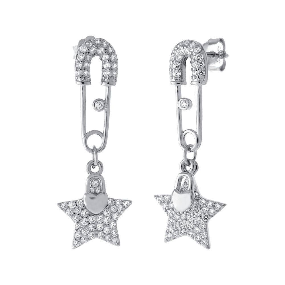 Sterling Silver Micro Pave CZ Safety Pin With Dangle Star and Heart Lock Earrings