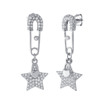 Sterling Silver Micro Pave CZ Safety Pin With Dangle Star and Heart Lock Earrings