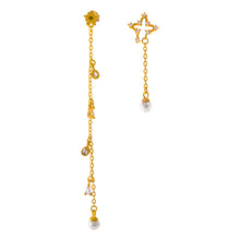 Load image into Gallery viewer, Sterling Silver Freshwater Pearl and Star CZ Mismatched Dangle Earrings