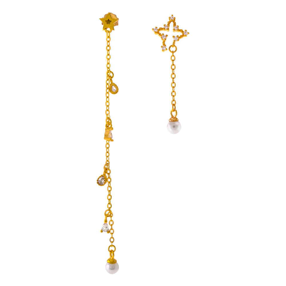 Sterling Silver Freshwater Pearl and Star CZ Mismatched Dangle Earrings