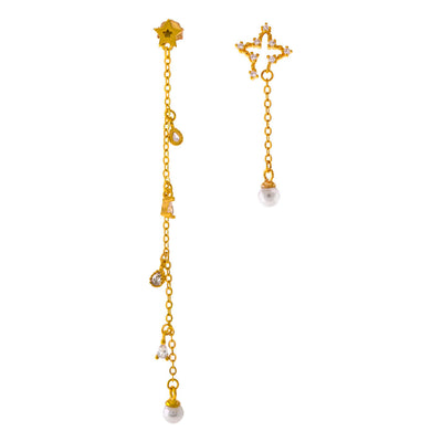 Sterling Silver Freshwater Pearl and Star CZ Mismatched Dangle Earrings