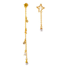 Sterling Silver Freshwater Pearl and Star CZ Mismatched Dangle Earrings