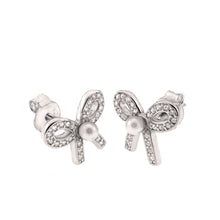 Load image into Gallery viewer, Sterling Silver Clear CZ Bow Pearl Stud Earrings