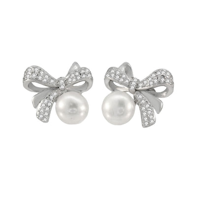 Sterling Silver CZ Bow Freshwater Pearl Earrings Width-13mm, Height-11.8mm