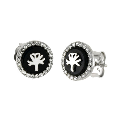 Sterling Silver Leaf On Black Onyx CZ Stud Earrings