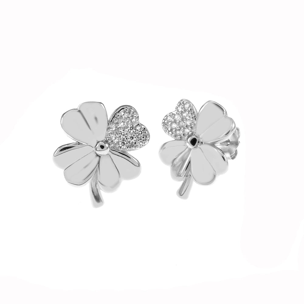 Sterling Silver Rhodium Four Leaf Clover Stud Earrings Width-10.5mm, Height-12mm