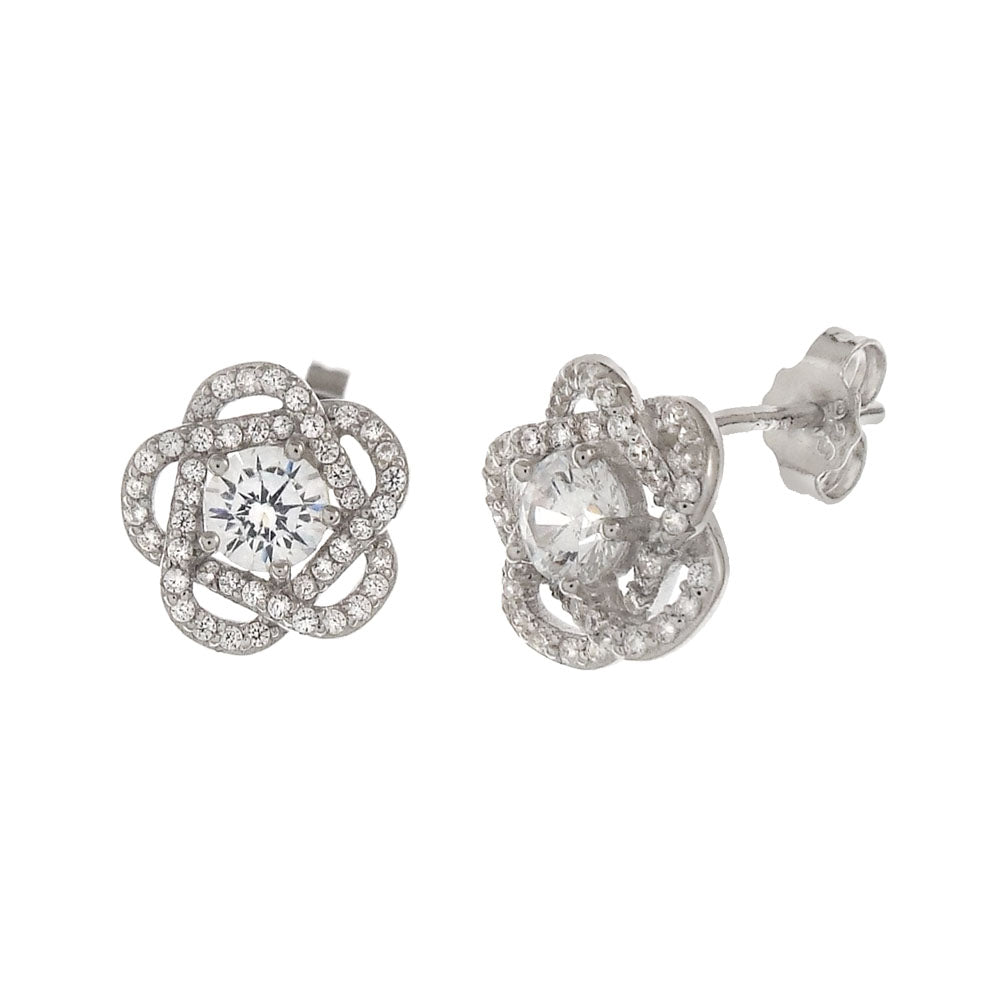 Sterling Silver Cubic Zirconia Rhodium Rose Stud Earrings