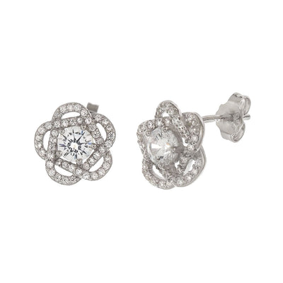 Sterling Silver Cubic Zirconia Rhodium Rose Stud Earrings