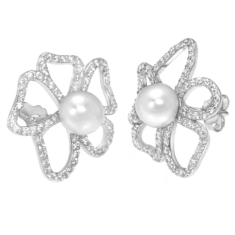Sterling Silver Freshwater Pearl CZ Flower Earrings