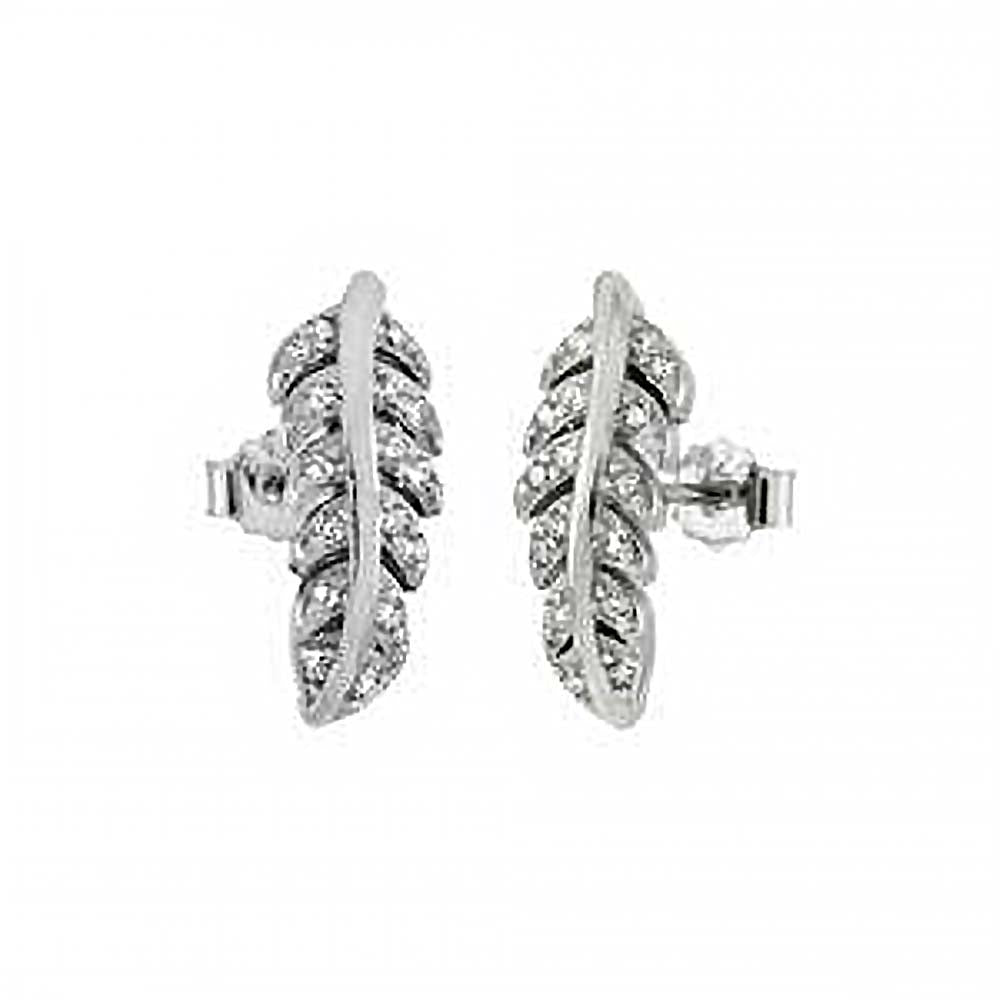 Sterlng Silver Feather Shaped Earrings With Clear CZ