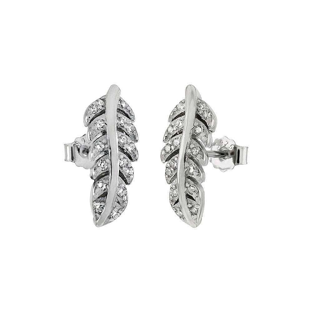 Sterlng Silver Feather Shaped Earrings With Clear CZ