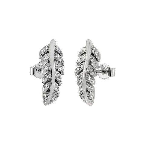 Sterlng Silver Feather Shaped Earrings With Clear CZ