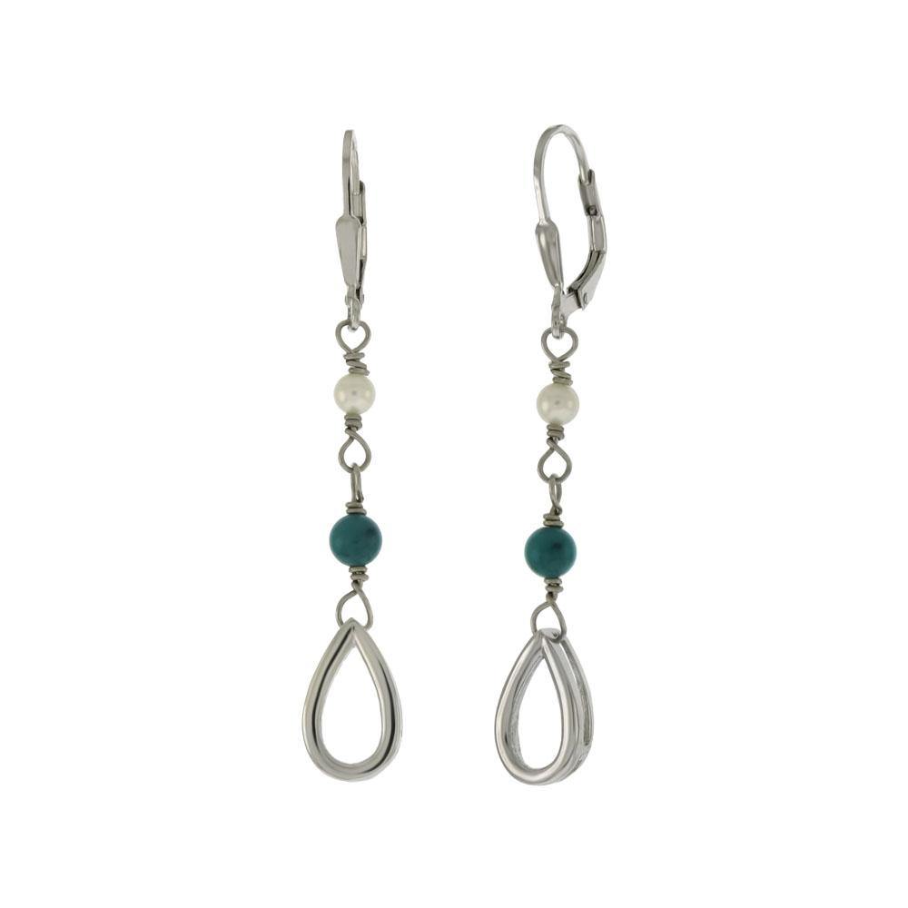 Sterling Silver Fresh Water Pearl and Turquoise Bead With Lever-Back - Teardrop Earrings