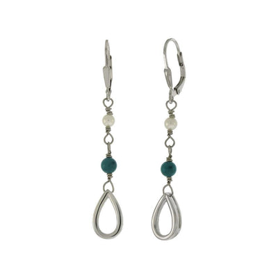 Sterling Silver Fresh Water Pearl and Turquoise Bead With Lever-Back - Teardrop Earrings - silverdepot