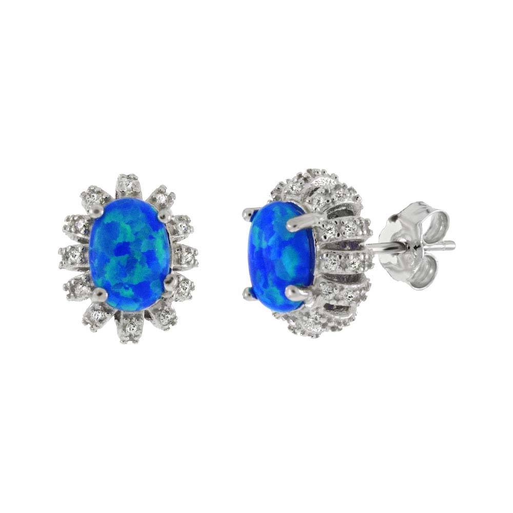 Sterling Silver Simulated Oval Blue Opal With CZ Stud Earrings