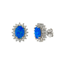 Load image into Gallery viewer, Sterling Silver Simulated Oval Blue Opal With Cubic Zirconia Earrings