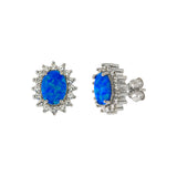 Sterling Silver Simulated Oval Blue Opal With Cubic Zirconia Earrings