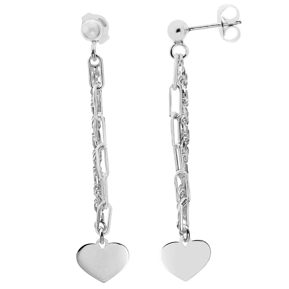 Italian Sterling Silver Paperclip Rope With Heart Earrings