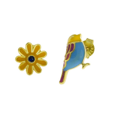Sterling Silver Bird and Daisy Enamel Gold Plated Mix Match Stud Earrings - silverdepot