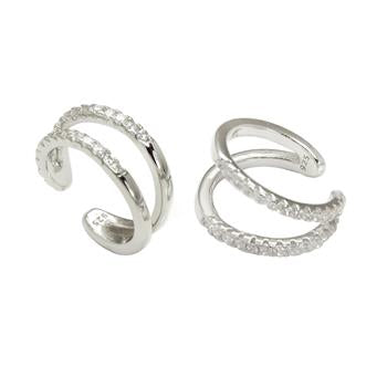 Sterling Silver Two Lines Cubic Zirconia Ear Cuff Earrings