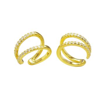 Sterling Silver Gold Plated Two Lines Cubic Zirconia Ear Cuff Earrings