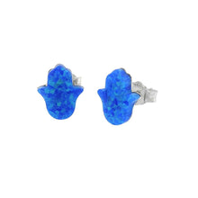 Load image into Gallery viewer, Sterling Silver Imitation Blue Opal Hamsa Stud Earrings