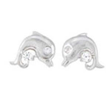 Load image into Gallery viewer, Sterling Silver Dolphin Earrings with Clear CzAnd Earring Width of 16MM