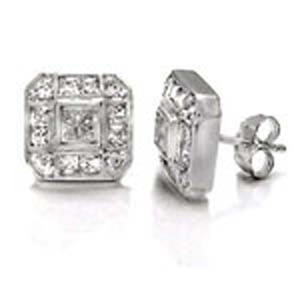 Sterling Silver Hand Set Cz Square Earrings with Earring Width of 12MM