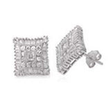 Sterling Silver Hand Set Baguette and Round Cz Square Earrings with Earring Width of 13.5MM